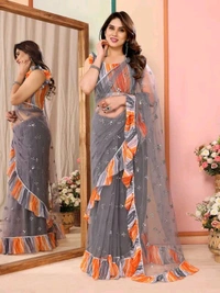 Grey Mirror Work Saree With Ruffal- Leriya Blouse