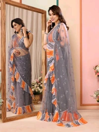 Grey Mirror Work Saree With Ruffal- Leriya Blouse