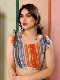 Grey Mirror Work Saree With Ruffal- Leriya Blouse