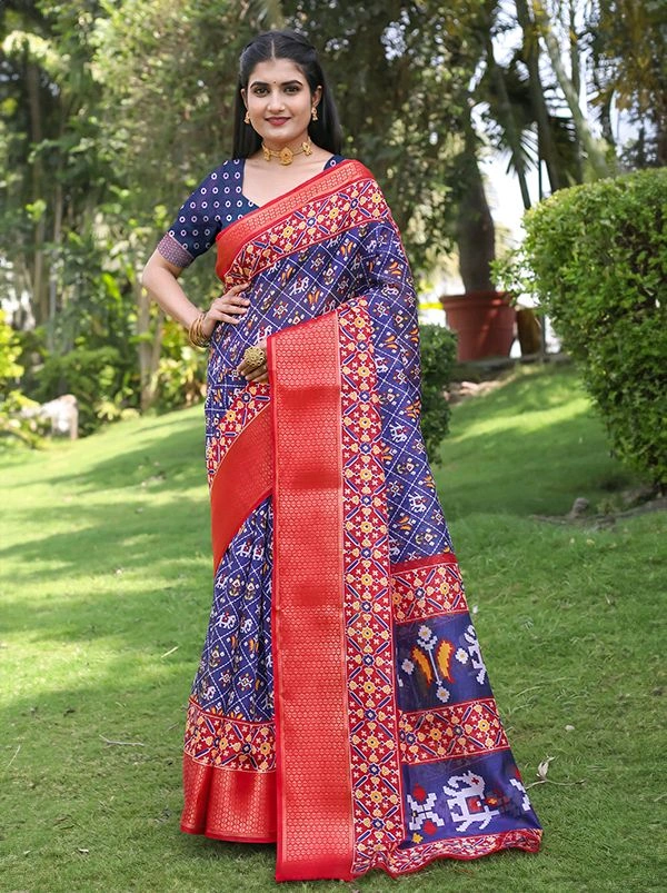 Neha Collection Blue Patola Dola Silk Saree with Blouse Piece 