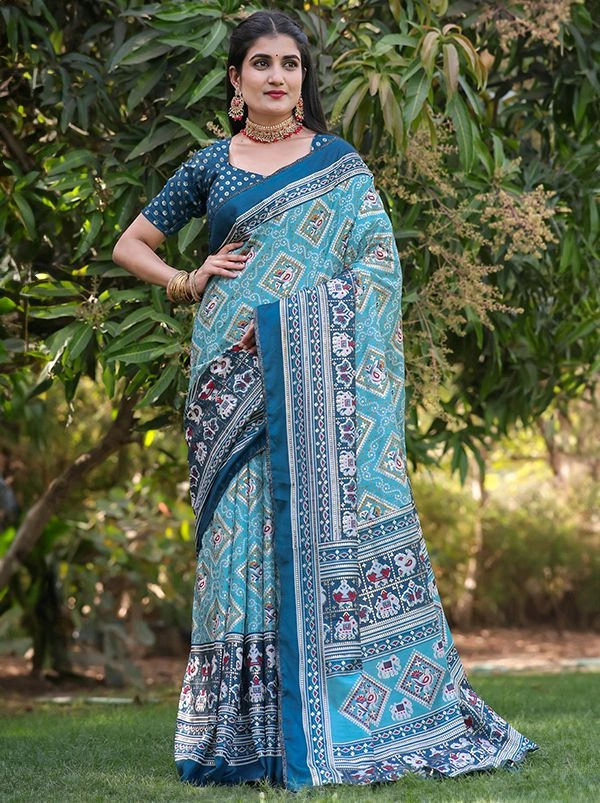 Neha Collection Firozi Patola Dola Silk Foil Print Saree With Blouse 