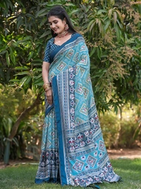 Neha Collection Firozi Patola Dola Silk Foil Print Saree With Blouse 