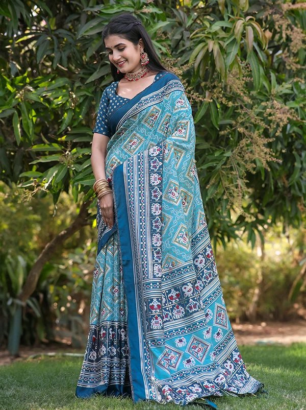 Neha Collection Firozi Patola Dola Silk Foil Print Saree With Blouse 