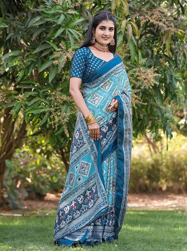 Neha Collection Firozi Patola Dola Silk Foil Print Saree With Blouse 