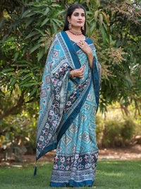 Neha Collection Firozi Patola Dola Silk Foil Print Saree With Blouse 