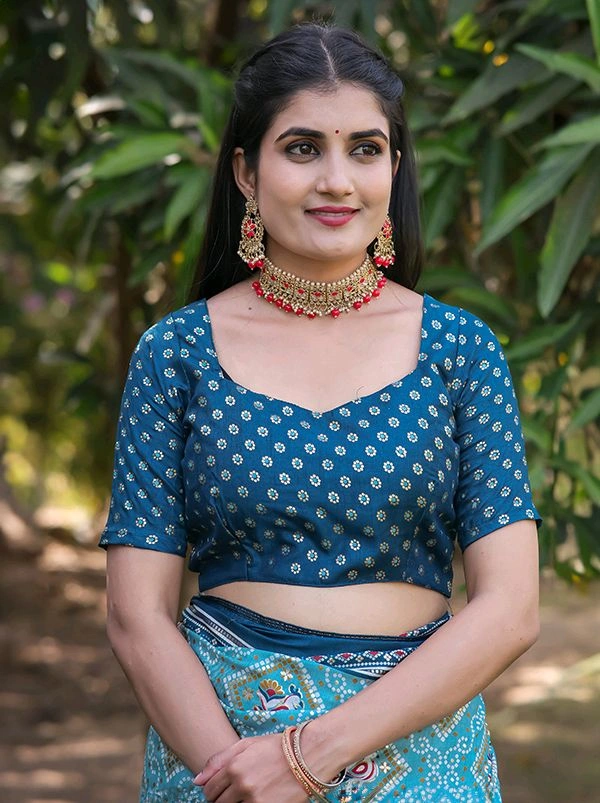 Neha Collection Firozi Patola Dola Silk Foil Print Saree With Blouse 