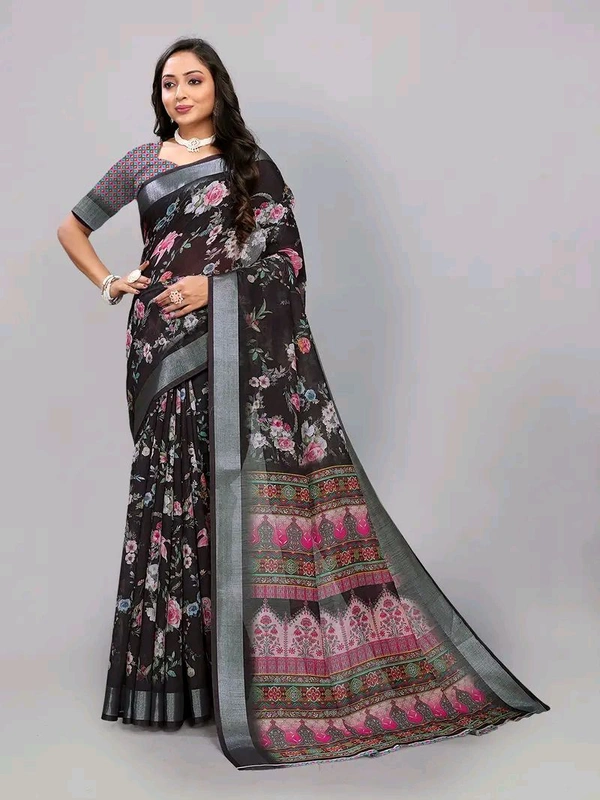 Neha Collection Black Floral Print Linen Saree With Blouse 