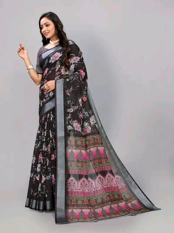Neha Collection Black Floral Print Linen Saree With Blouse 