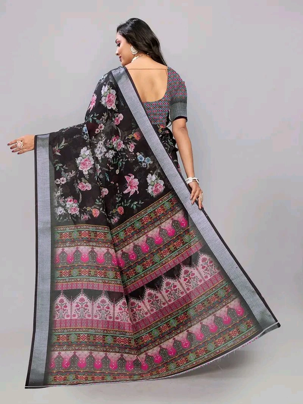 Neha Collection Black Floral Print Linen Saree With Blouse 