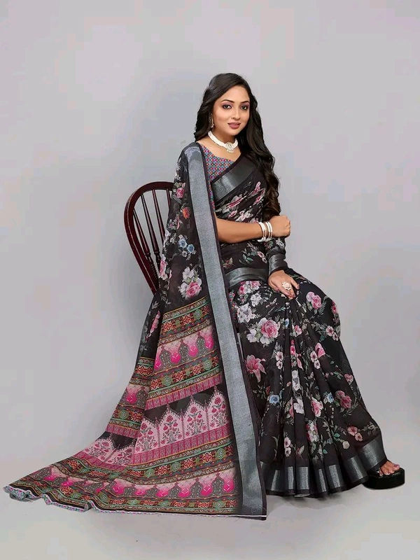 Neha Collection Black Floral Print Linen Saree With Blouse 