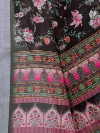 Neha Collection Black Floral Print Linen Saree With Blouse 