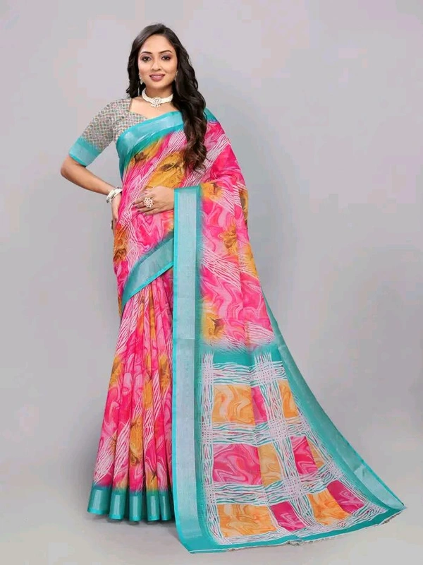 Neha Collection Firozi Fancy Digital Print Linen Saree With Blouse 