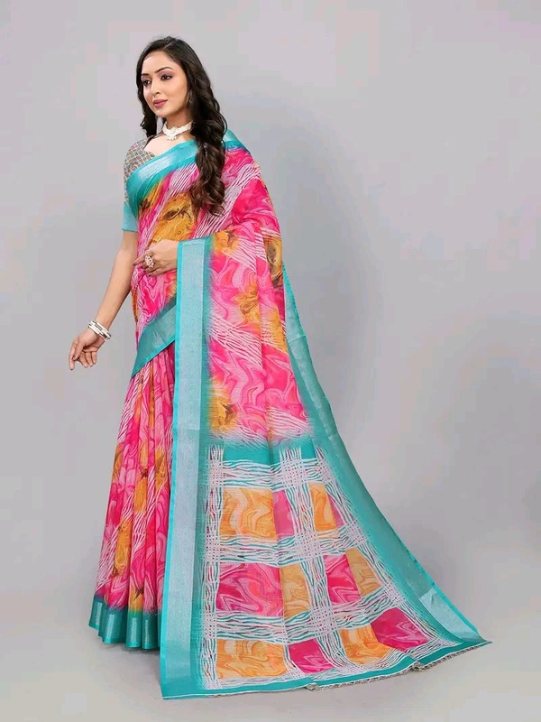 Neha Collection Firozi Fancy Digital Print Linen Saree With Blouse 