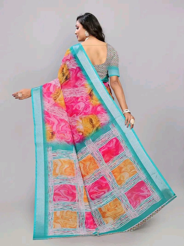 Neha Collection Firozi Fancy Digital Print Linen Saree With Blouse 