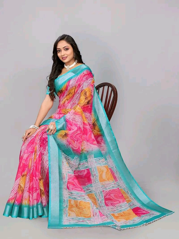 Neha Collection Firozi Fancy Digital Print Linen Saree With Blouse 