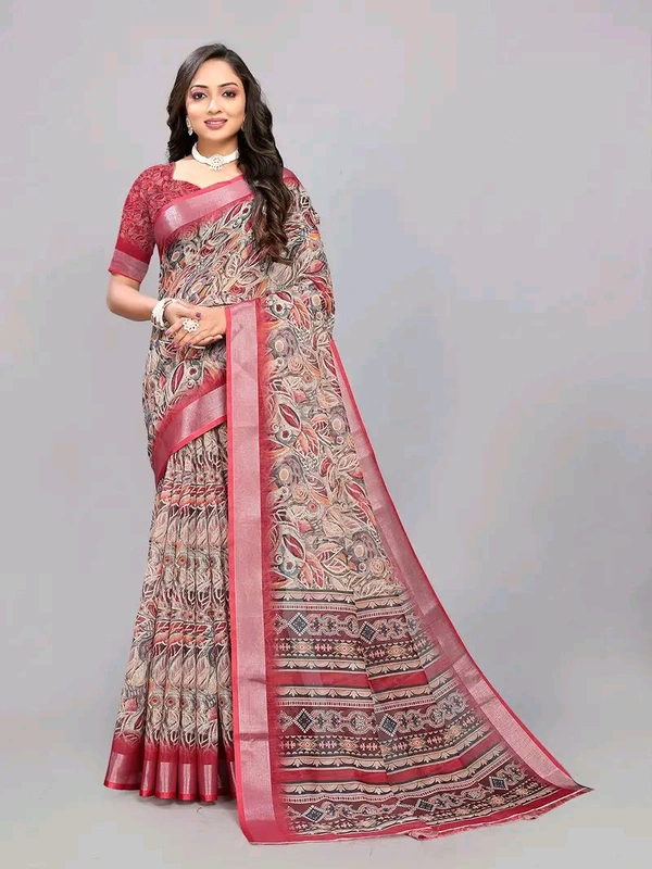 Neha Collection Maroon Abstract Digital Print Linen Saree With Blouse 