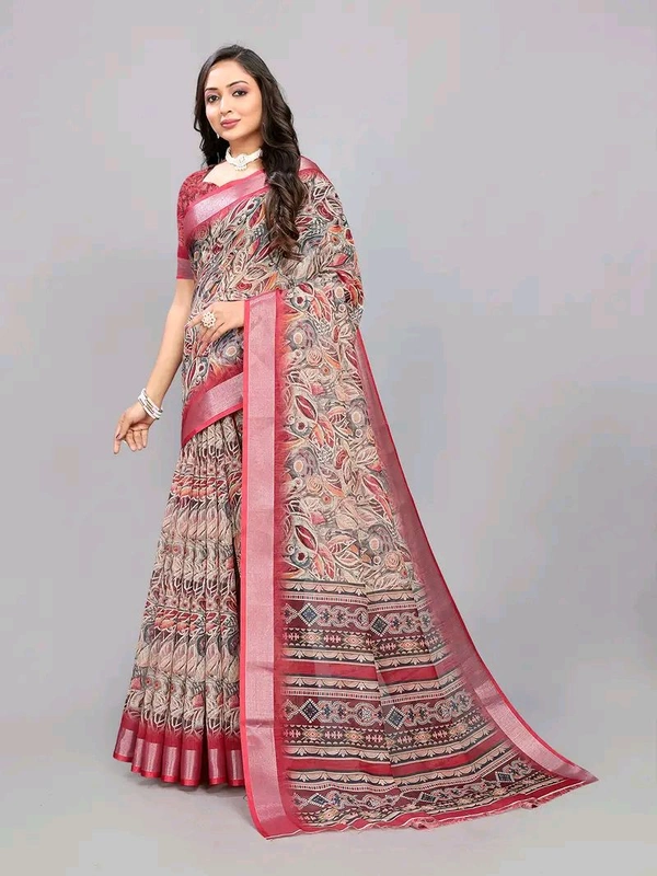 Neha Collection Maroon Abstract Digital Print Linen Saree With Blouse 