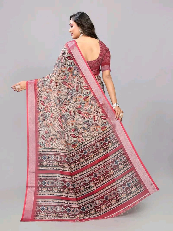 Neha Collection Maroon Abstract Digital Print Linen Saree With Blouse 