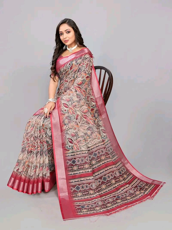 Neha Collection Maroon Abstract Digital Print Linen Saree With Blouse 