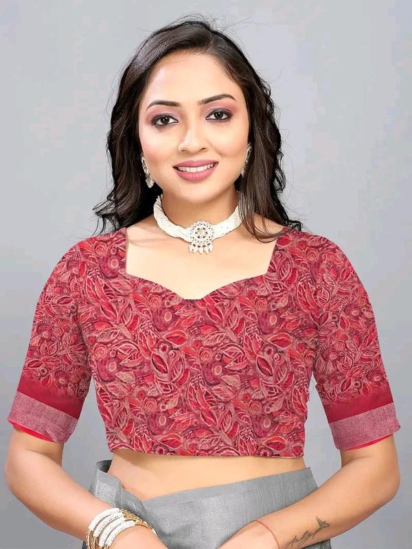 Neha Collection Maroon Abstract Digital Print Linen Saree With Blouse 