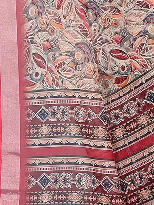 Neha Collection Maroon Abstract Digital Print Linen Saree With Blouse 