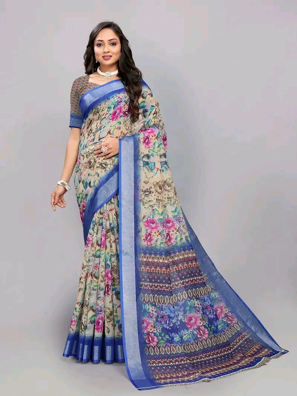Neha Collection Royal blue Floral Digital Print Linen Saree