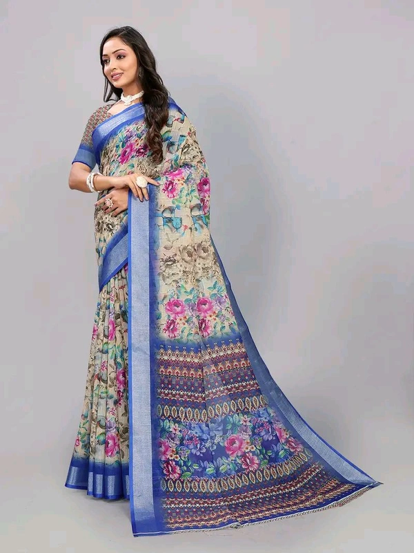 Neha Collection Royal blue Floral Digital Print Linen Saree