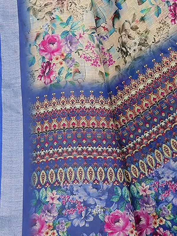 Neha Collection Royal blue Floral Digital Print Linen Saree