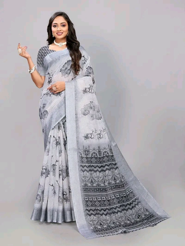 Neha Collection White Multi Floral Abstract Digital Print Linen Saree