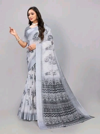 Neha Collection White Multi Floral Abstract Digital Print Linen Saree