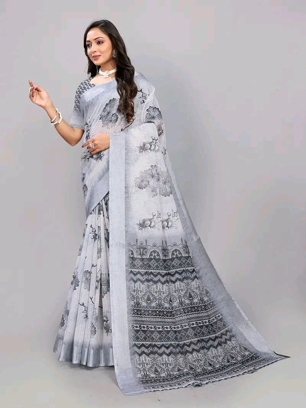 Neha Collection White Multi Floral Abstract Digital Print Linen Saree