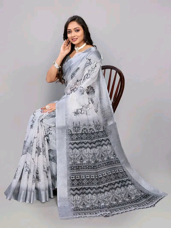 Neha Collection White Multi Floral Abstract Digital Print Linen Saree