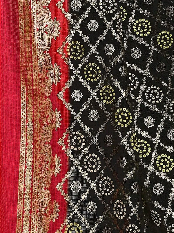 Neha Collection Black Kota foil Aasam Silk bandhani saree