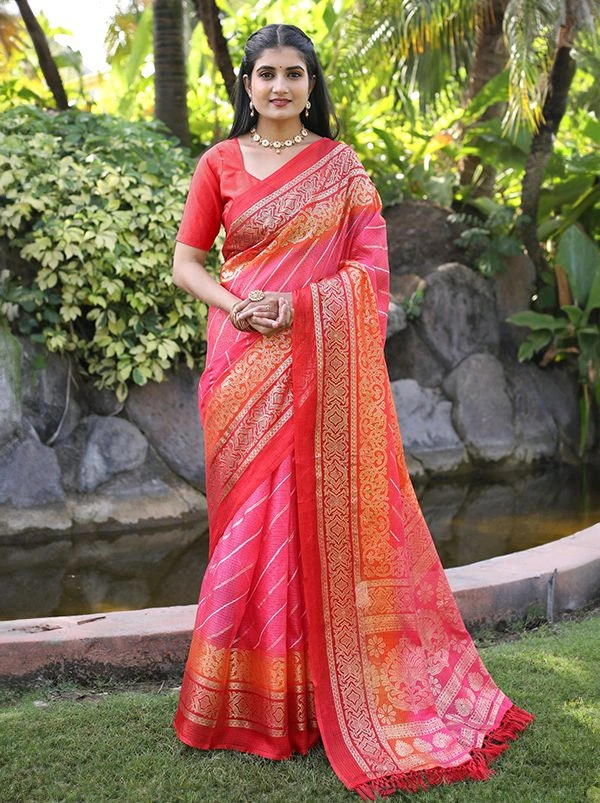 Neha Collection Ethnic Peach Leheriya Kota Doria Foil Saree