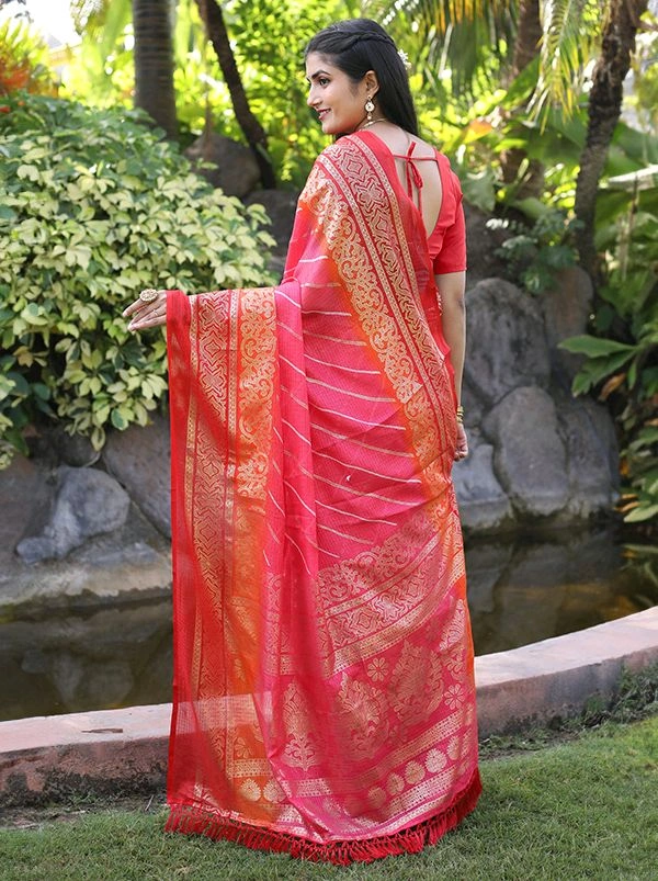 Neha Collection Ethnic Peach Leheriya Kota Doria Foil Saree