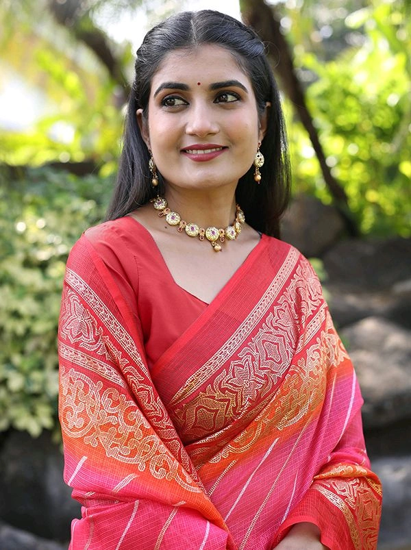 Neha Collection Ethnic Peach Leheriya Kota Doria Foil Saree