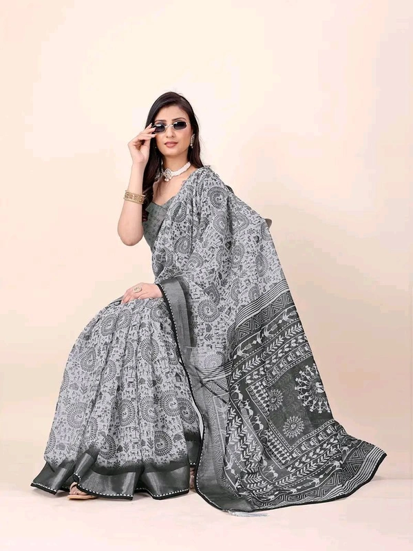 Linen Saree Black Fancy Linen Digital Printed Saree