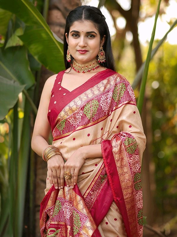 Dola Silk Saree Beige Dola Silk Foil Print Saree