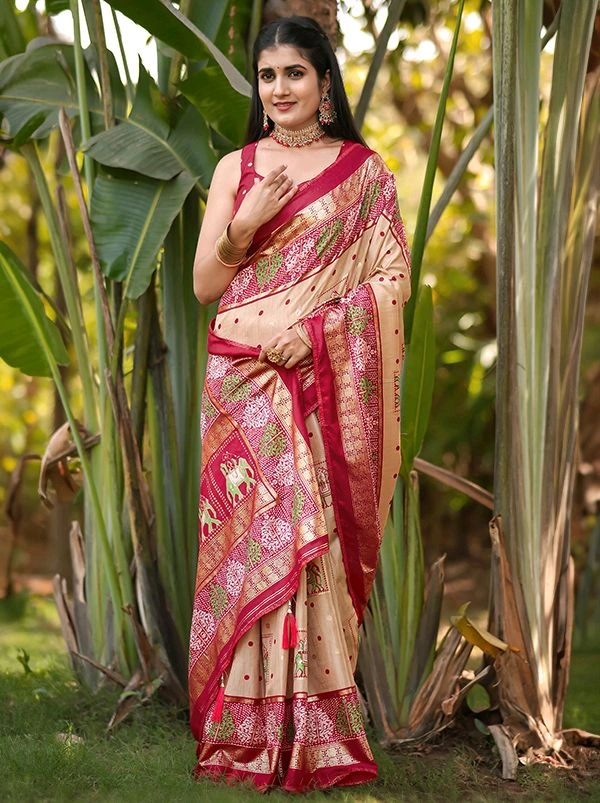 Dola Silk Saree Beige Dola Silk Foil Print Saree
