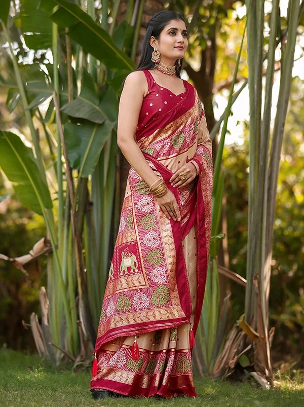 Dola Silk Saree Beige Dola Silk Foil Print Saree