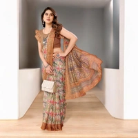 Kota Doriya Coffee Floral Printed  Saree With Blouse  - Coffee