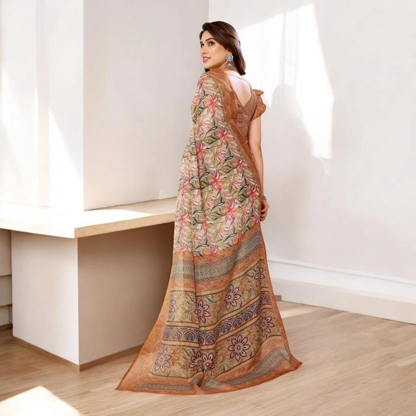 Kota Doriya Coffee Floral Printed  Saree With Blouse  - Coffee