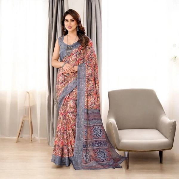 Kota Doriya Grey Floral Printed Saree With Blouse Piece  - Gray