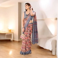 Kota Doriya Grey Floral Printed Saree With Blouse Piece  - Gray