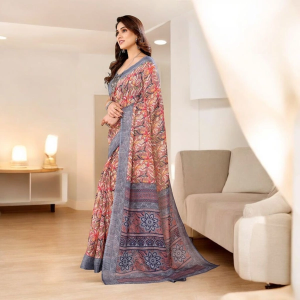 Kota Doriya Grey Floral Printed Saree With Blouse Piece  - Gray