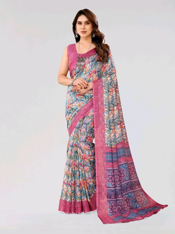 Kota Doriya Blush Pink Floral Printed Saree With Blouse Piece  - Blush Pink