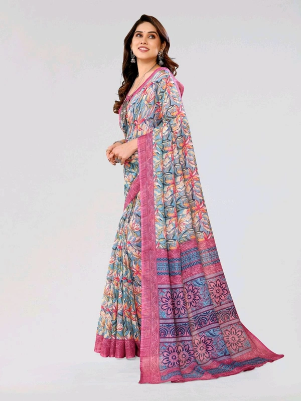 Kota Doriya Blush Pink Floral Printed Saree With Blouse Piece  - Blush Pink