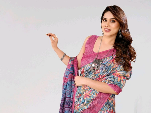Kota Doriya Blush Pink Floral Printed Saree With Blouse Piece  - Blush Pink