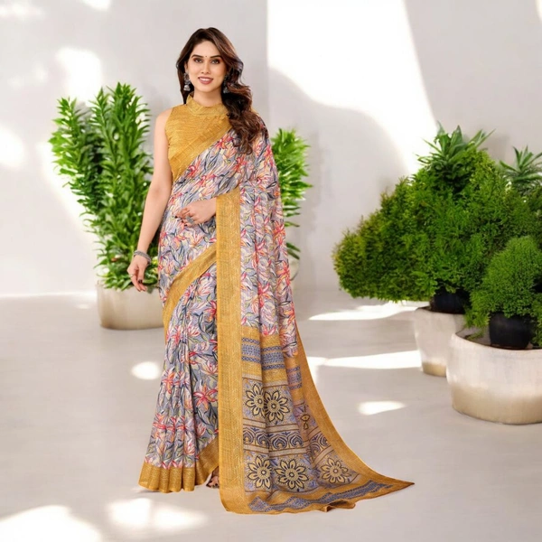 Kota Doriya Yellow Floral Printed Saree With Blouse Piece  - yellow