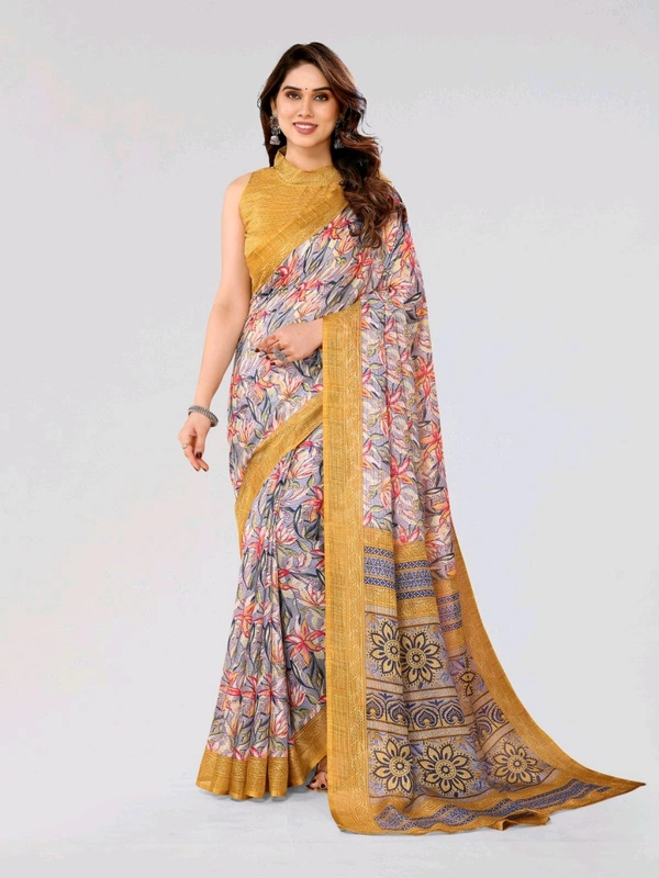 Kota Doriya Yellow Floral Printed Saree With Blouse Piece  - yellow